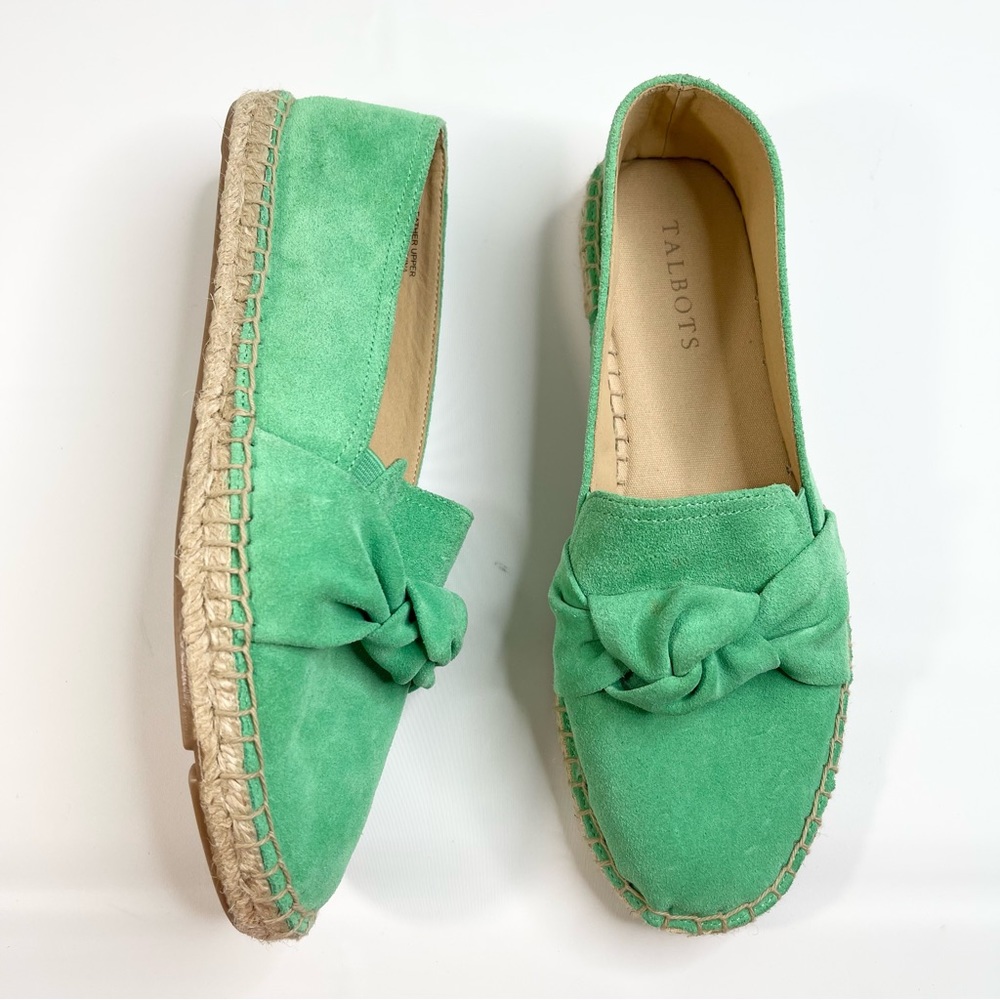 Talbots Espadrilles Green Suede Knotted Straw Trim, Size 8